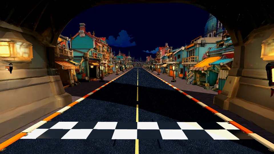 A start line beneath an arch in Brasshaven's teal and copper city streets