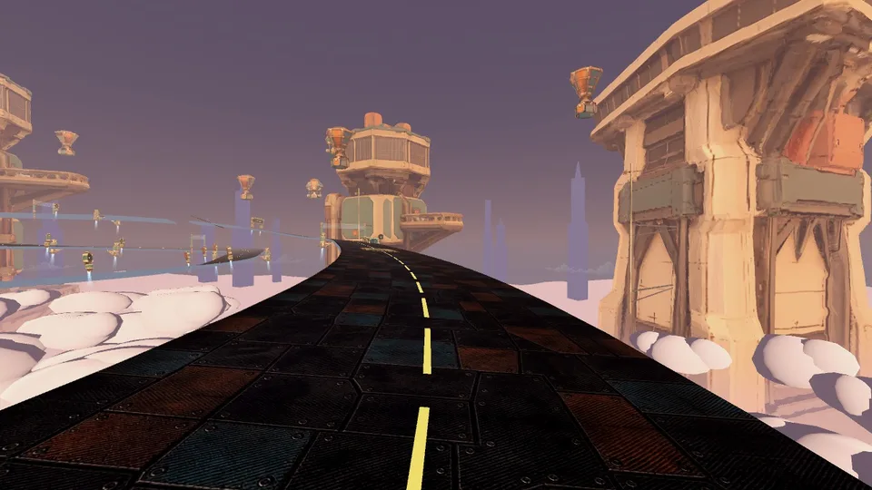 A winding metal road suspended above clouds at Crosswind