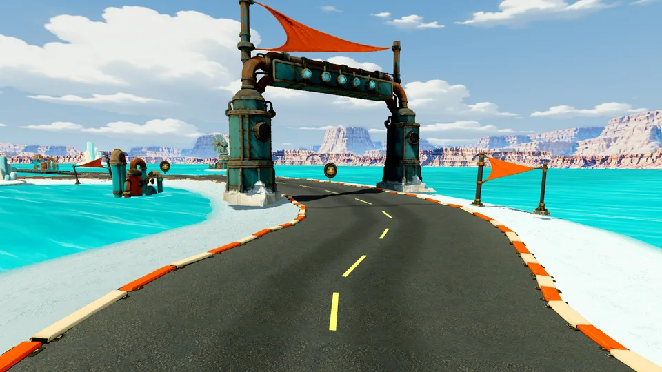 The sunlit racing road at Saltglass Causeway